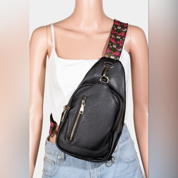 Antik Kraft Tasha crossbody sling bag with a floral embroidered webbing strap - Picture 2 of 9